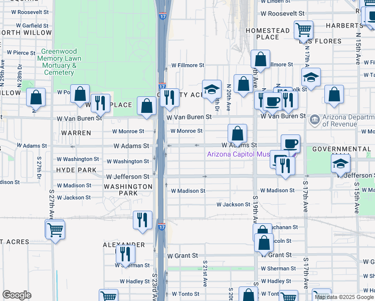 map of restaurants, bars, coffee shops, grocery stores, and more near 2118 West Washington Street in Phoenix