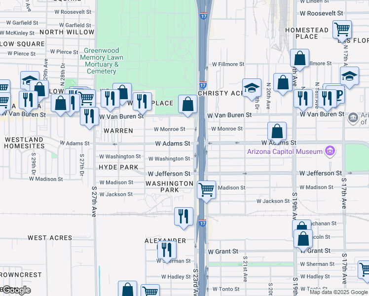 map of restaurants, bars, coffee shops, grocery stores, and more near 2326 West Washington Street in Phoenix