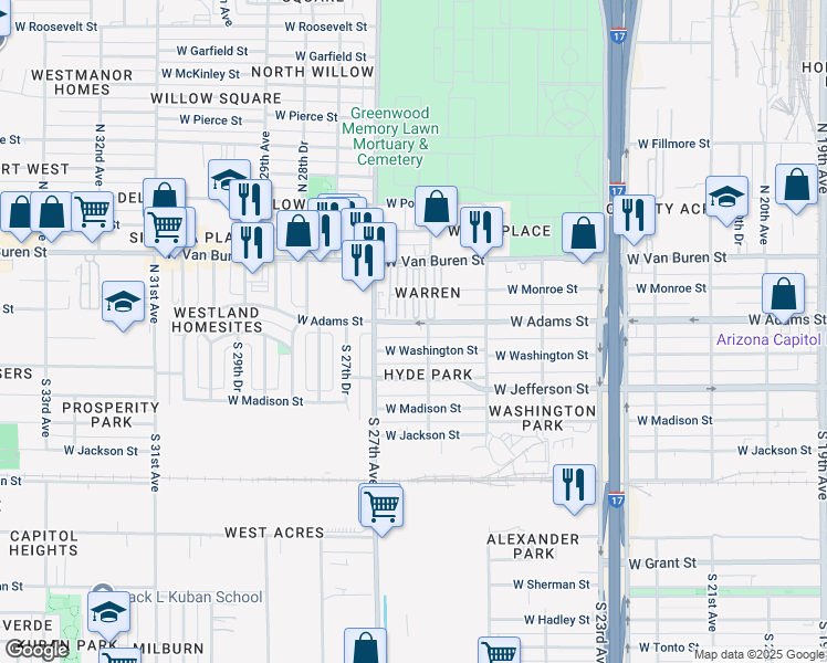 map of restaurants, bars, coffee shops, grocery stores, and more near 2610 West Washington Street in Phoenix