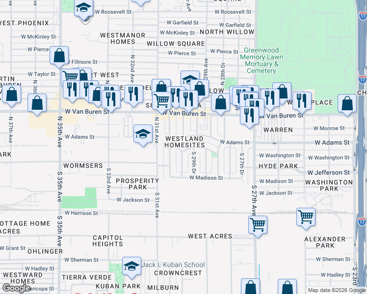 map of restaurants, bars, coffee shops, grocery stores, and more near 2941 West Washington Street in Phoenix