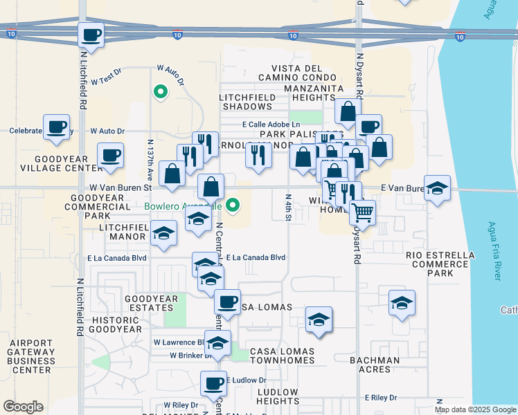 map of restaurants, bars, coffee shops, grocery stores, and more near 207 East Van Buren Street in Avondale
