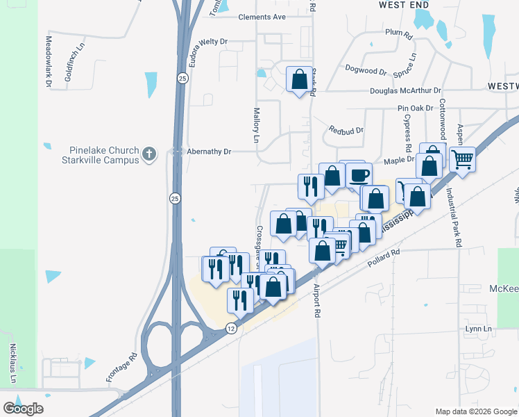 map of restaurants, bars, coffee shops, grocery stores, and more near 181 Crossgate Street in Starkville