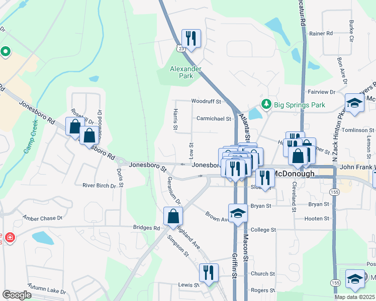 map of restaurants, bars, coffee shops, grocery stores, and more near 36 Low Street in McDonough