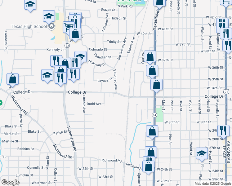 map of restaurants, bars, coffee shops, grocery stores, and more near 1301 College Drive in Texarkana