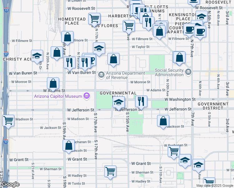 map of restaurants, bars, coffee shops, grocery stores, and more near 100 North 15th Avenue in Phoenix
