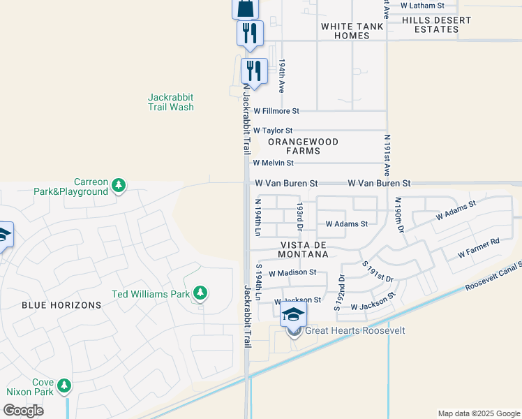 map of restaurants, bars, coffee shops, grocery stores, and more near 19995 West Monroe Street in Buckeye
