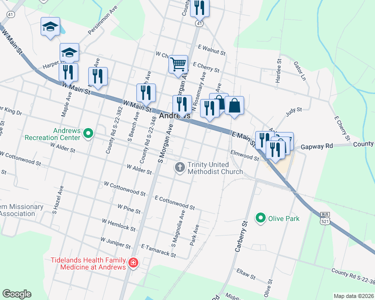 map of restaurants, bars, coffee shops, grocery stores, and more near 111 County Road S-22-28 in Andrews