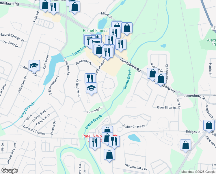 map of restaurants, bars, coffee shops, grocery stores, and more near 12 Walden Run Place in McDonough