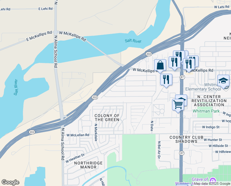 map of restaurants, bars, coffee shops, grocery stores, and more near 625 West McKellips Road in Mesa