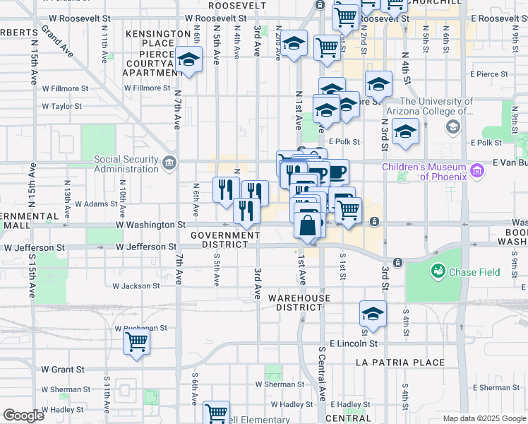 map of restaurants, bars, coffee shops, grocery stores, and more near 200 West Washington Street in Phoenix