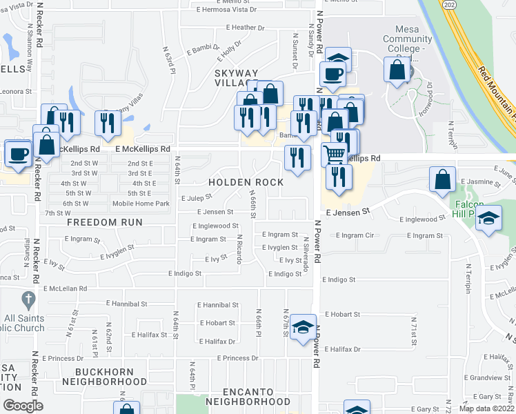 map of restaurants, bars, coffee shops, grocery stores, and more near 1825 North 66th Street in Mesa