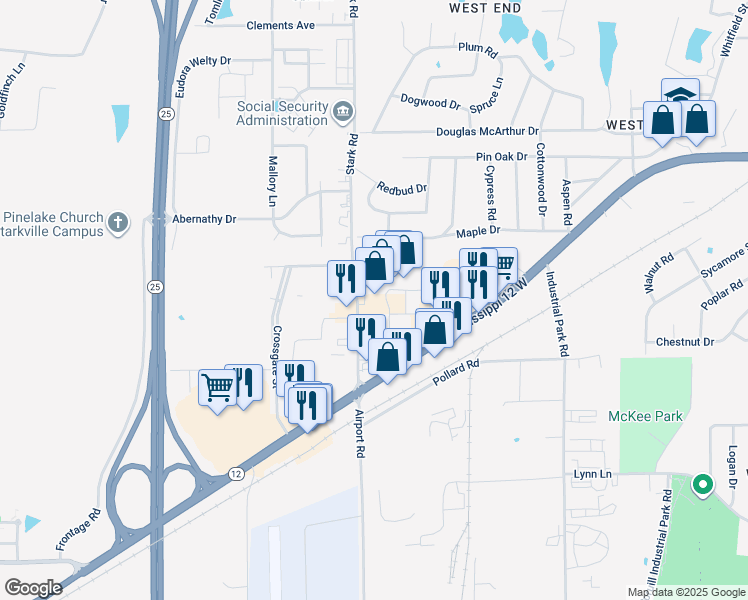 map of restaurants, bars, coffee shops, grocery stores, and more near 864 Mississippi 12 in Starkville