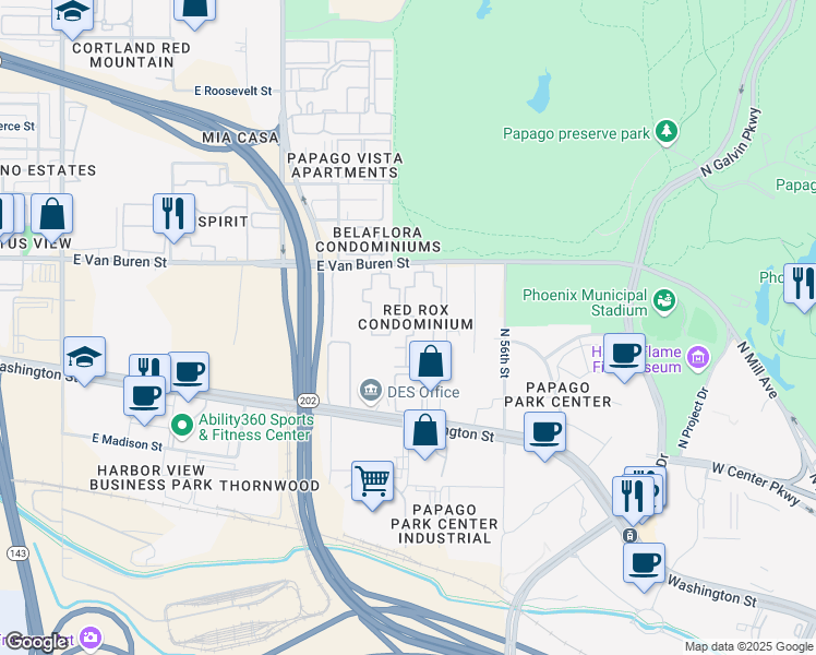 map of restaurants, bars, coffee shops, grocery stores, and more near Unnamed Road in Phoenix