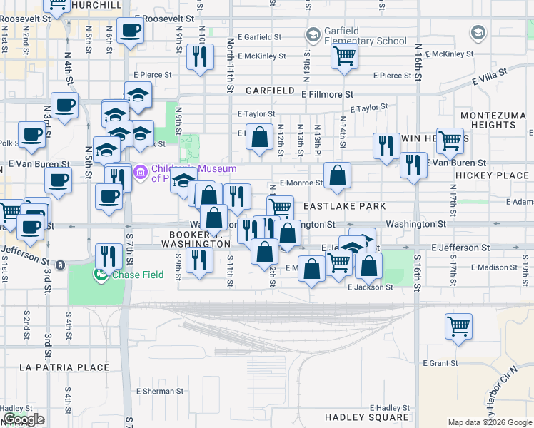 map of restaurants, bars, coffee shops, grocery stores, and more near 1150 East Washington Street in Phoenix