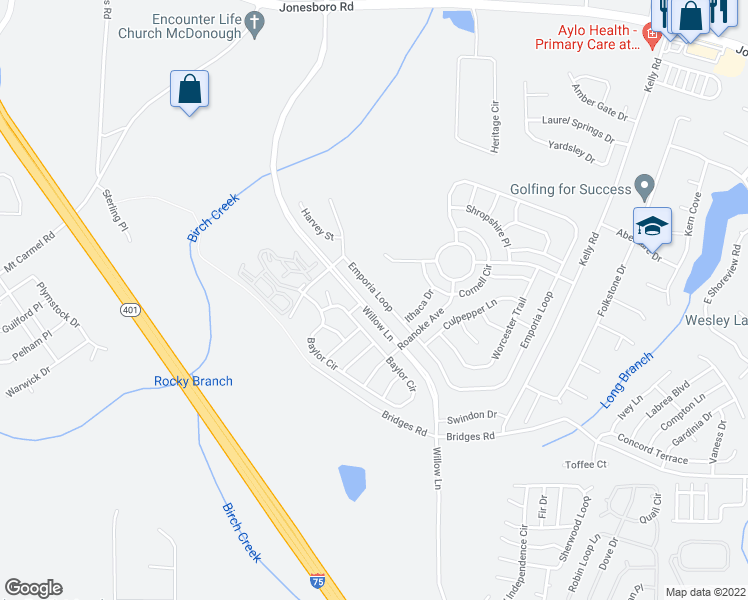 map of restaurants, bars, coffee shops, grocery stores, and more near 701 Emporia Loop in McDonough