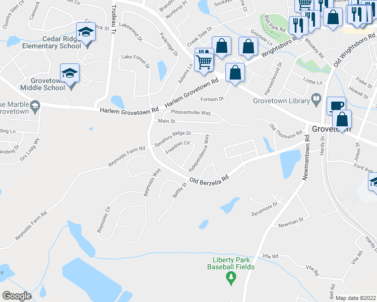 map of restaurants, bars, coffee shops, grocery stores, and more near 6211 Freedom Circle in Grovetown