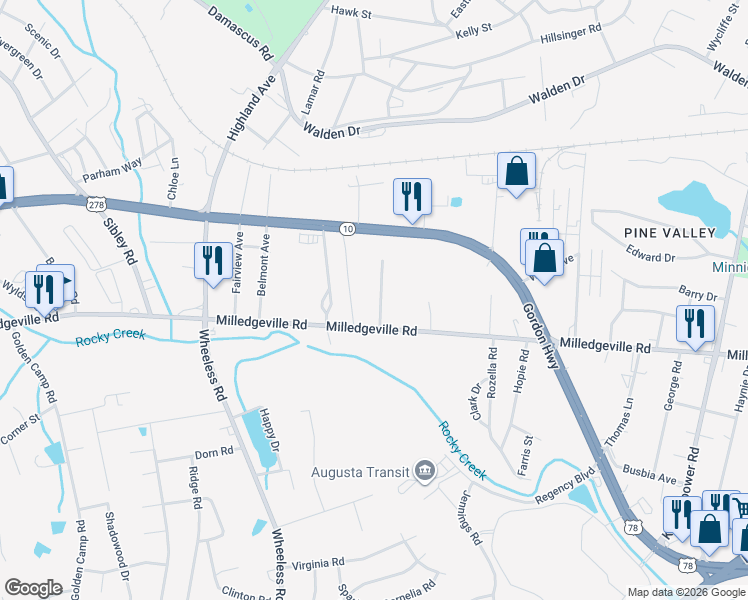 map of restaurants, bars, coffee shops, grocery stores, and more near 3013 Milledgeville Road in Augusta