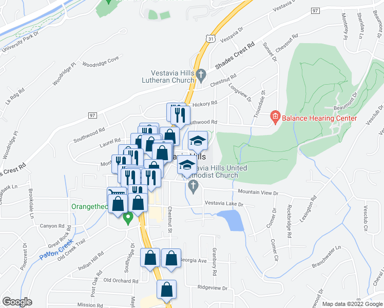 map of restaurants, bars, coffee shops, grocery stores, and more near 601 Eastwood Place in Vestavia Hills