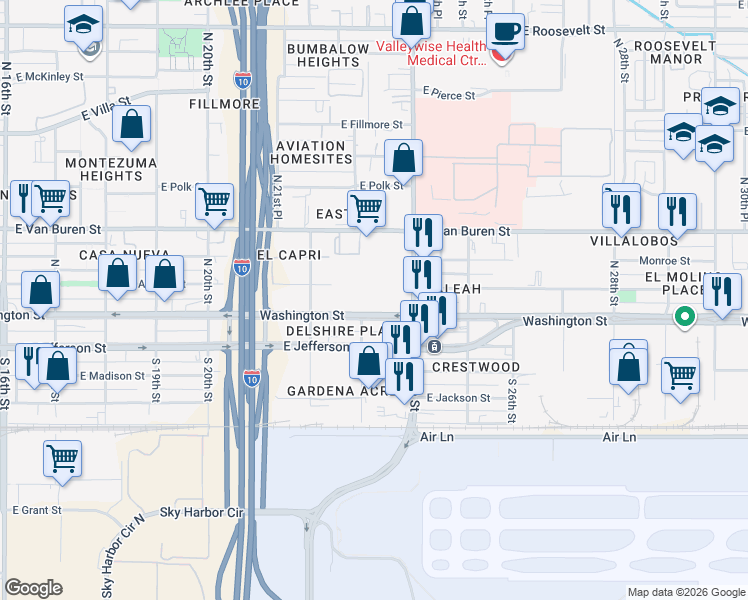 map of restaurants, bars, coffee shops, grocery stores, and more near 2312 East Washington Street in Phoenix