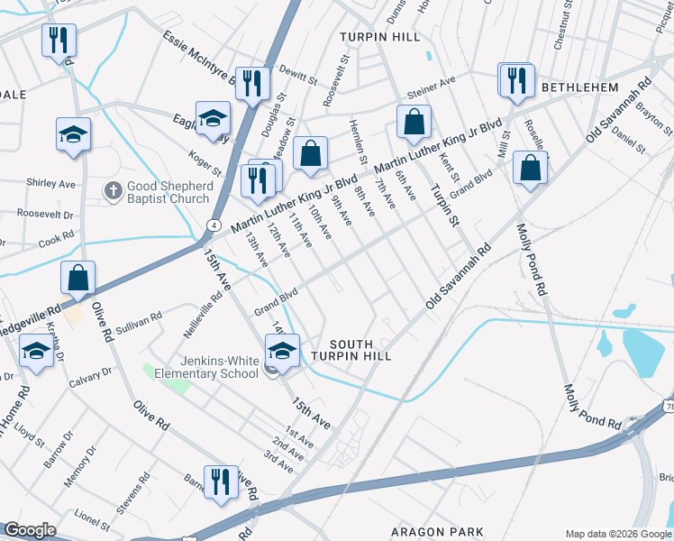 map of restaurants, bars, coffee shops, grocery stores, and more near 1034 10th Avenue in Augusta