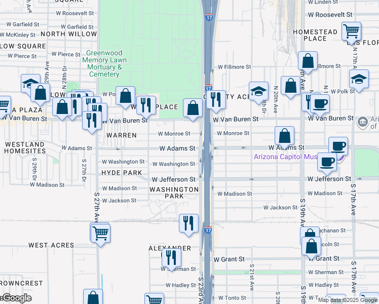 map of restaurants, bars, coffee shops, grocery stores, and more near 2326 West Washington Street in Phoenix