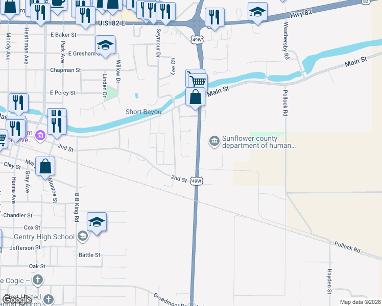 map of restaurants, bars, coffee shops, grocery stores, and more near Baird Avenue in Indianola