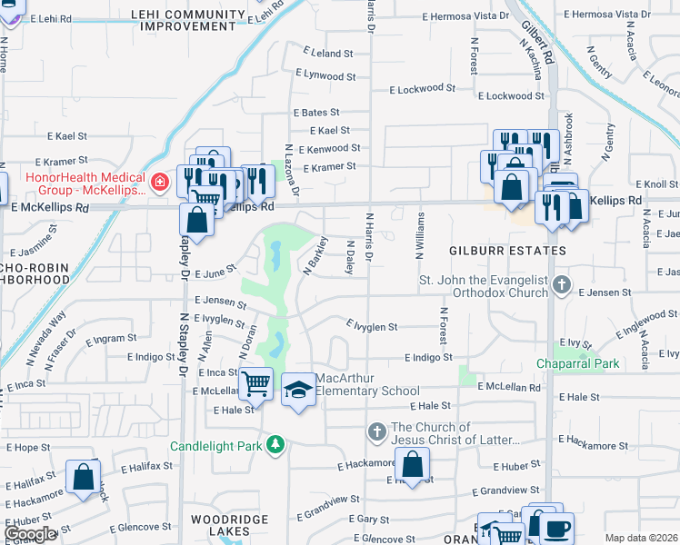 map of restaurants, bars, coffee shops, grocery stores, and more near 1527 East Juniper Street in Mesa