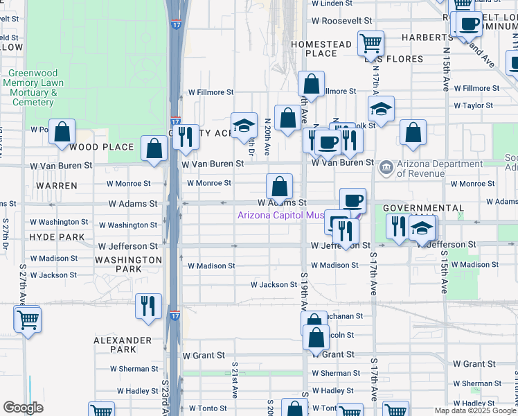 map of restaurants, bars, coffee shops, grocery stores, and more near 2002 West Washington Street in Phoenix