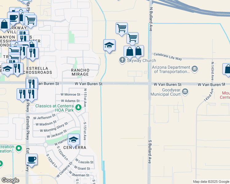map of restaurants, bars, coffee shops, grocery stores, and more near 14953-15005 West Van Buren Street in Goodyear