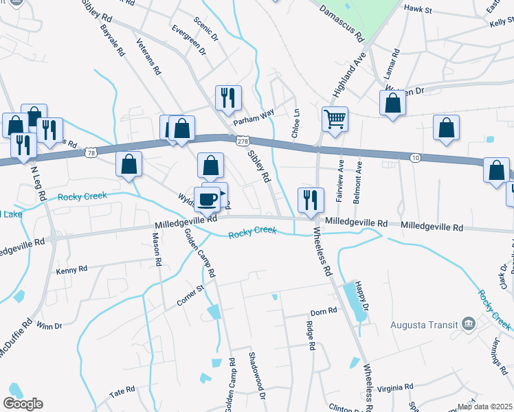 map of restaurants, bars, coffee shops, grocery stores, and more near 2201 Sasser Lane in Augusta