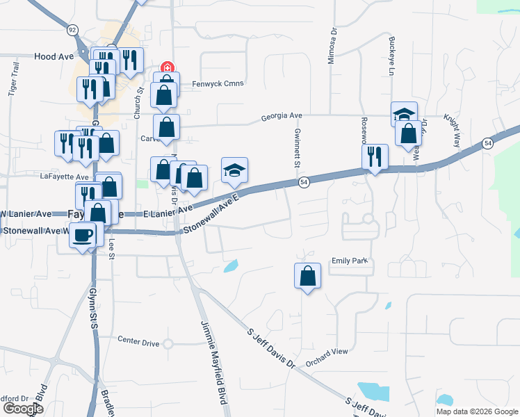 map of restaurants, bars, coffee shops, grocery stores, and more near 445 East Lanier Avenue in Fayetteville