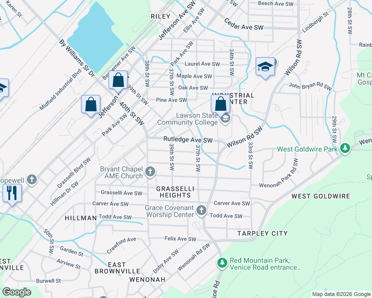 map of restaurants, bars, coffee shops, grocery stores, and more near 3707 Viola Avenue Southwest in Birmingham