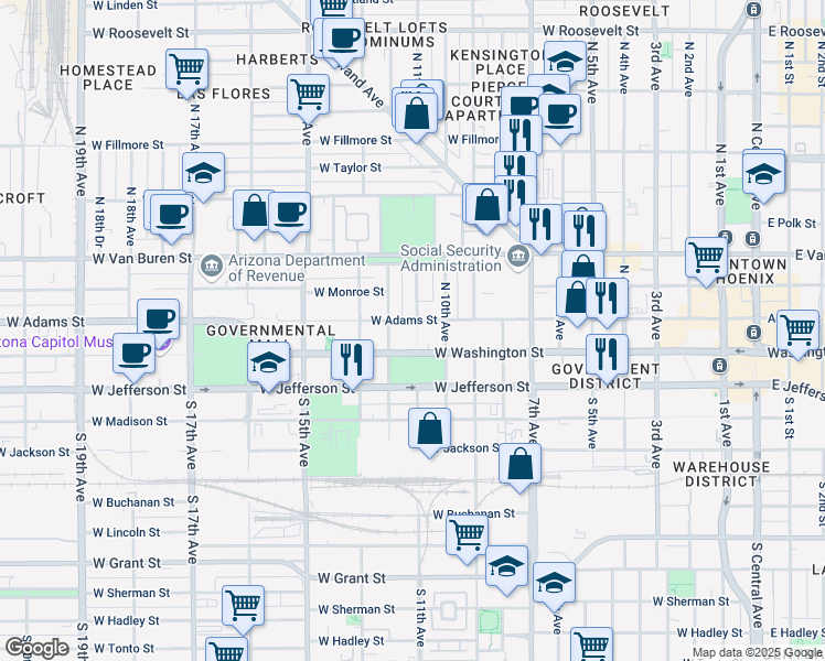 map of restaurants, bars, coffee shops, grocery stores, and more near 1110 West Washington Street in Phoenix