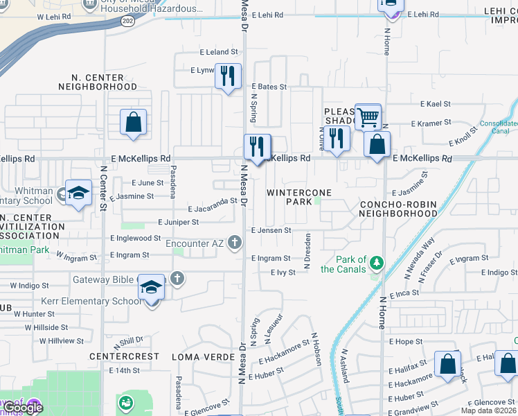 map of restaurants, bars, coffee shops, grocery stores, and more near 1843 North Spring in Mesa