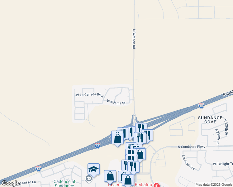 map of restaurants, bars, coffee shops, grocery stores, and more near 151 North 236th Avenue in Buckeye
