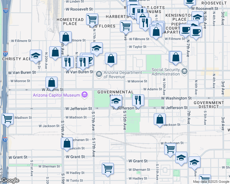 map of restaurants, bars, coffee shops, grocery stores, and more near 100 North 15th Avenue in Phoenix