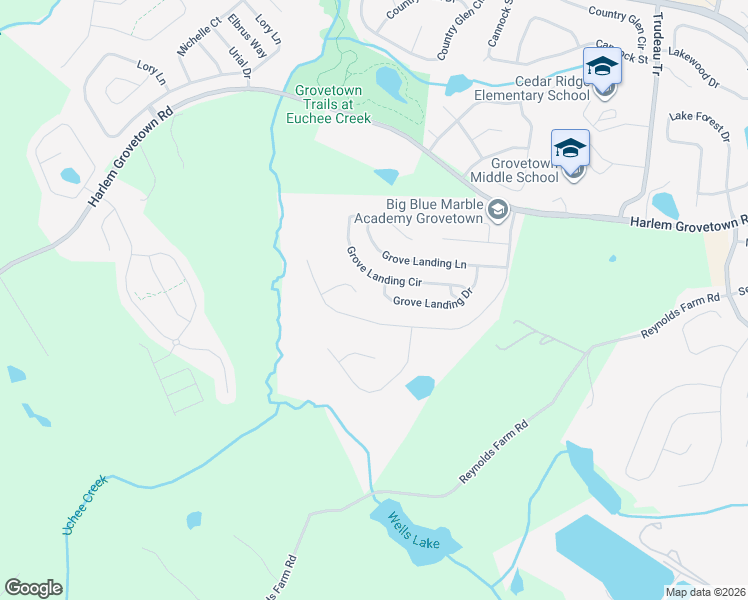 map of restaurants, bars, coffee shops, grocery stores, and more near 2155 Grove Landing Way in Grovetown