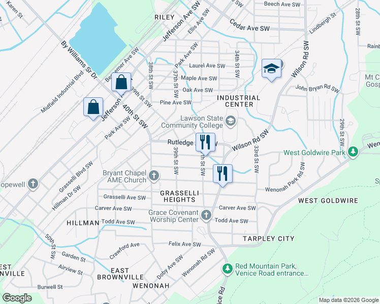 map of restaurants, bars, coffee shops, grocery stores, and more near 3707 Viola Avenue Southwest in Birmingham