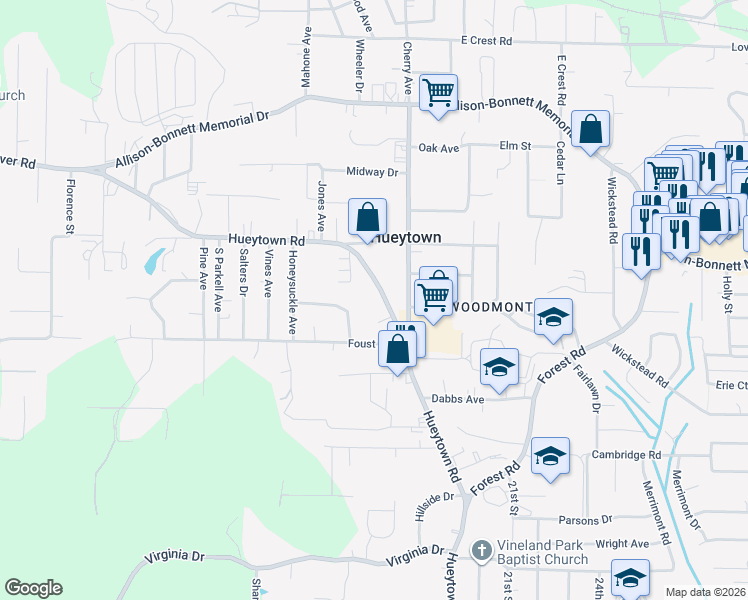 map of restaurants, bars, coffee shops, grocery stores, and more near 105 Hammonds Street in Hueytown