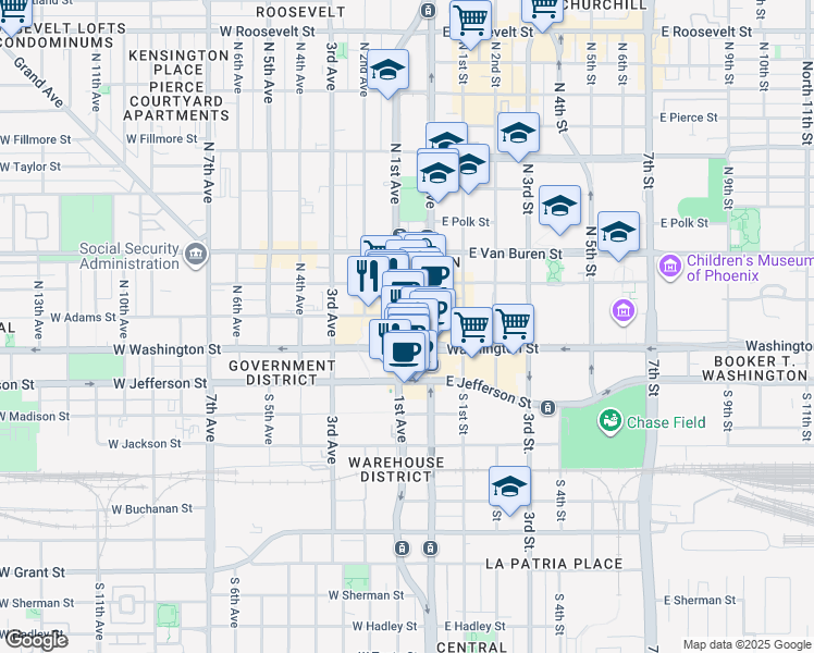 map of restaurants, bars, coffee shops, grocery stores, and more near 39 West Adams Street in Phoenix
