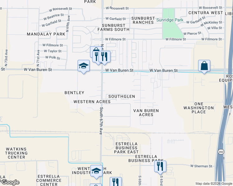 map of restaurants, bars, coffee shops, grocery stores, and more near 110 North 66th Avenue in Phoenix