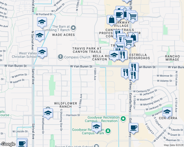 map of restaurants, bars, coffee shops, grocery stores, and more near 15833 West Monroe Street in Goodyear