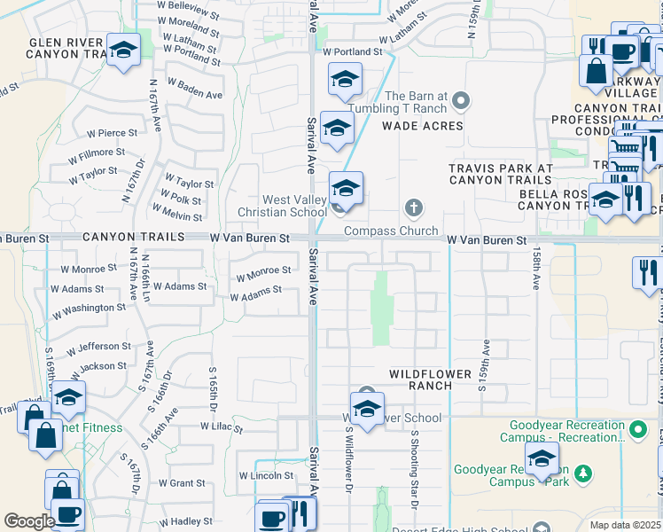 map of restaurants, bars, coffee shops, grocery stores, and more near 16258 West Monroe Street in Goodyear