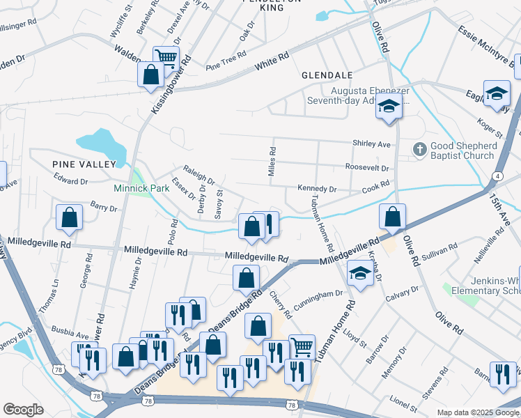 map of restaurants, bars, coffee shops, grocery stores, and more near 2222 Raleigh Drive in Augusta