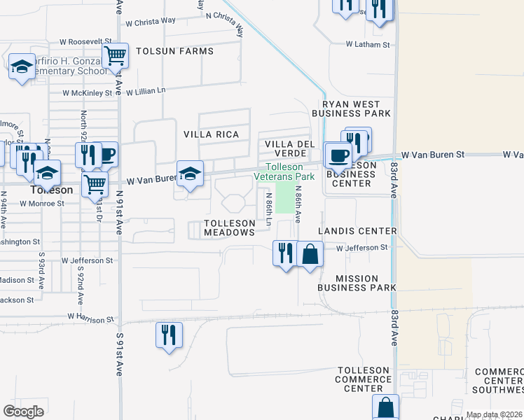 map of restaurants, bars, coffee shops, grocery stores, and more near 109 North 87th Avenue in Tolleson