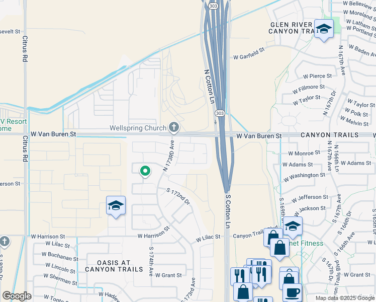 map of restaurants, bars, coffee shops, grocery stores, and more near 195 North 173RD Avenue in Goodyear