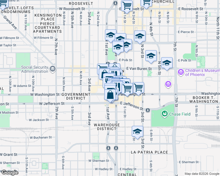 map of restaurants, bars, coffee shops, grocery stores, and more near in Phoenix