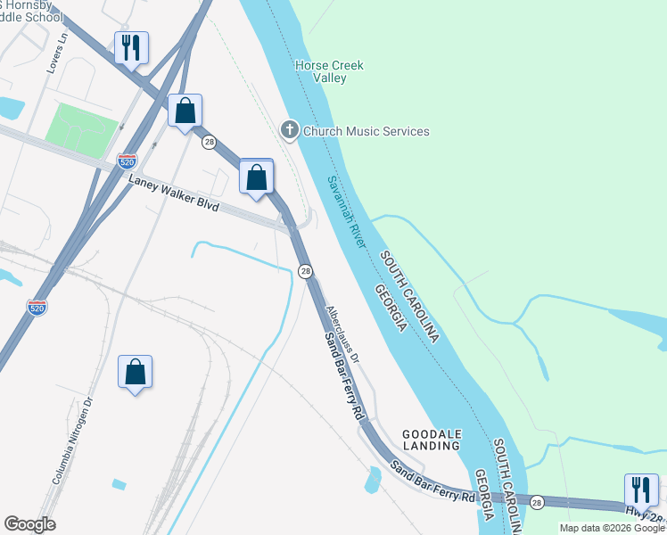 map of restaurants, bars, coffee shops, grocery stores, and more near 765 Sand Bar Ferry Road in Augusta