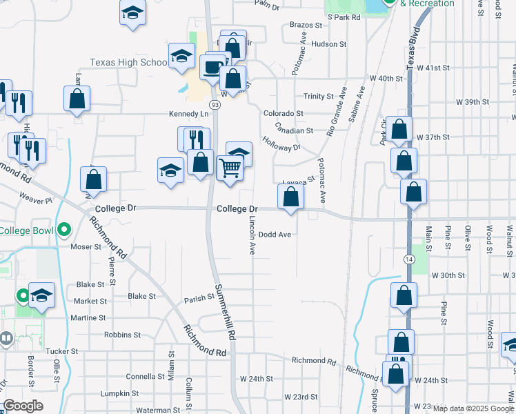 map of restaurants, bars, coffee shops, grocery stores, and more near 3312 F M Drive in Texarkana