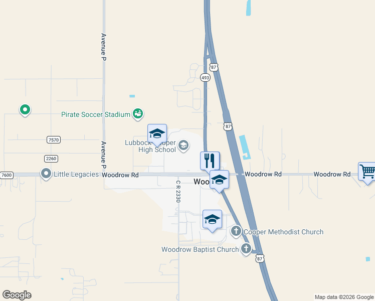 map of restaurants, bars, coffee shops, grocery stores, and more near 16302 Texas 493 Loop in Lubbock